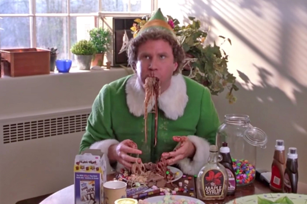 Buddy the Elf eating breakfast spaghetti