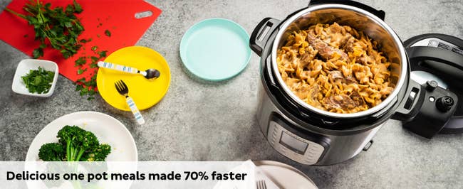 The instant pot with a noodle dish inside and text 
