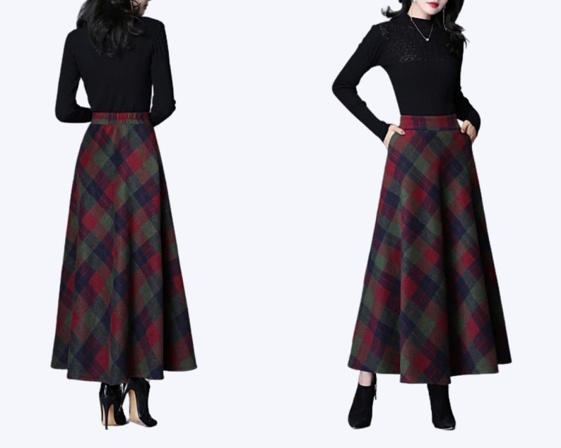 Front and back angles of model wearing the red, blue, and green plaid skirt
