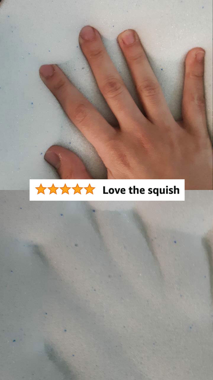 A reviewer&#x27;s hand imprint with text &quot;love the squish&quot;
