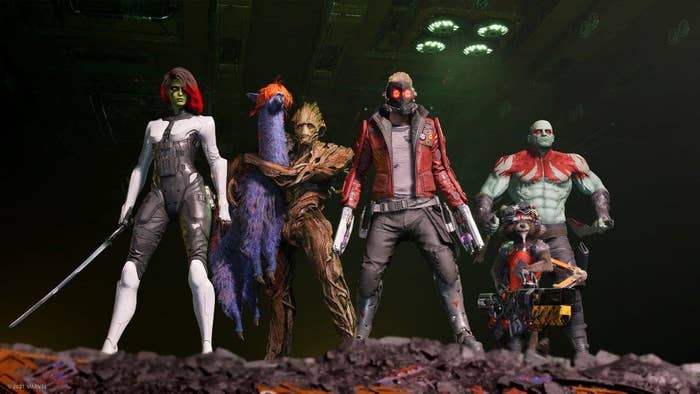 Guardians of the Galaxy stand gazing over a cliff