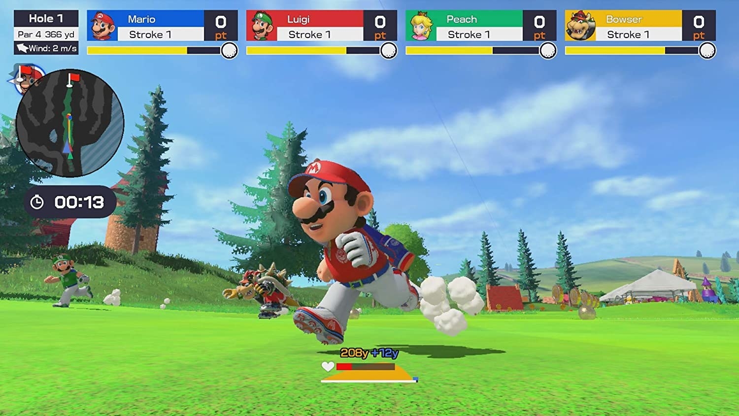 Mario and company race down the fairway of a golf course