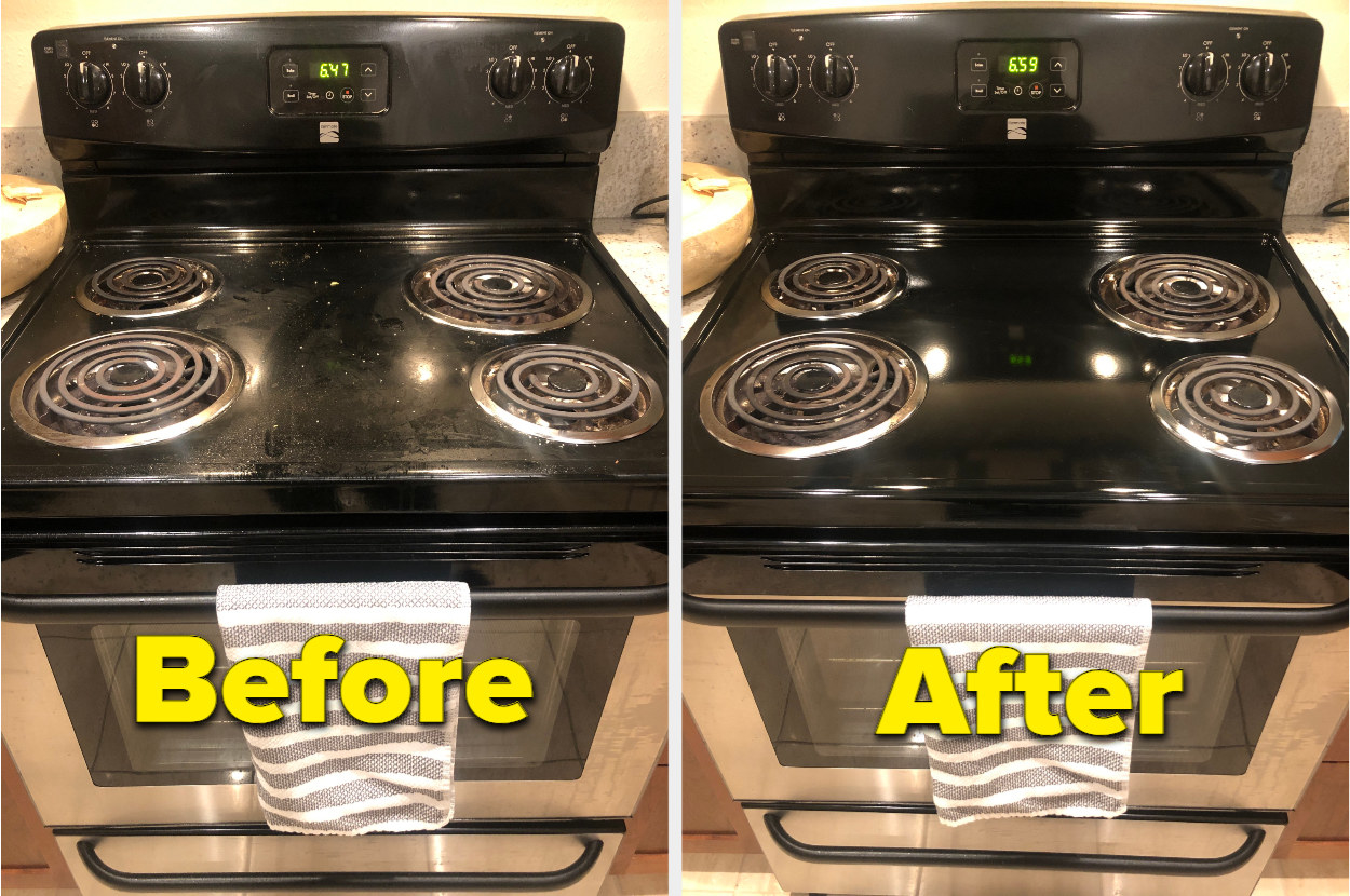 A before photo shows a dirty stove. An after photo shows the clean stove.