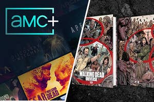 Split frame of AMC+ branding and Walking Dead comic.