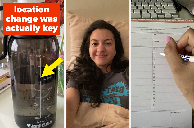 An XL water bottle; the author smiling; a to-do list