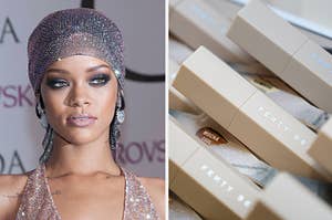 Rihanna is on the left wearing Swarovski with Fenty products on the right