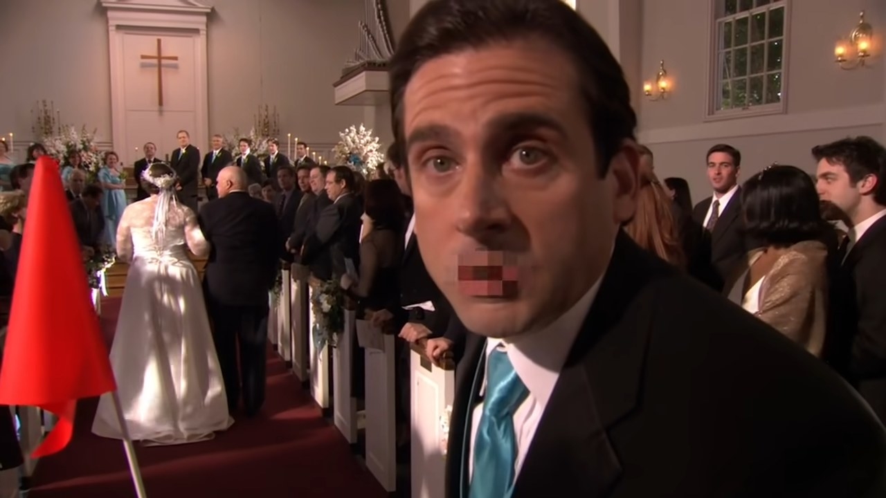 Michael talking to the camera at Phyllis&#x27;s wedding in &quot;The Office&quot;