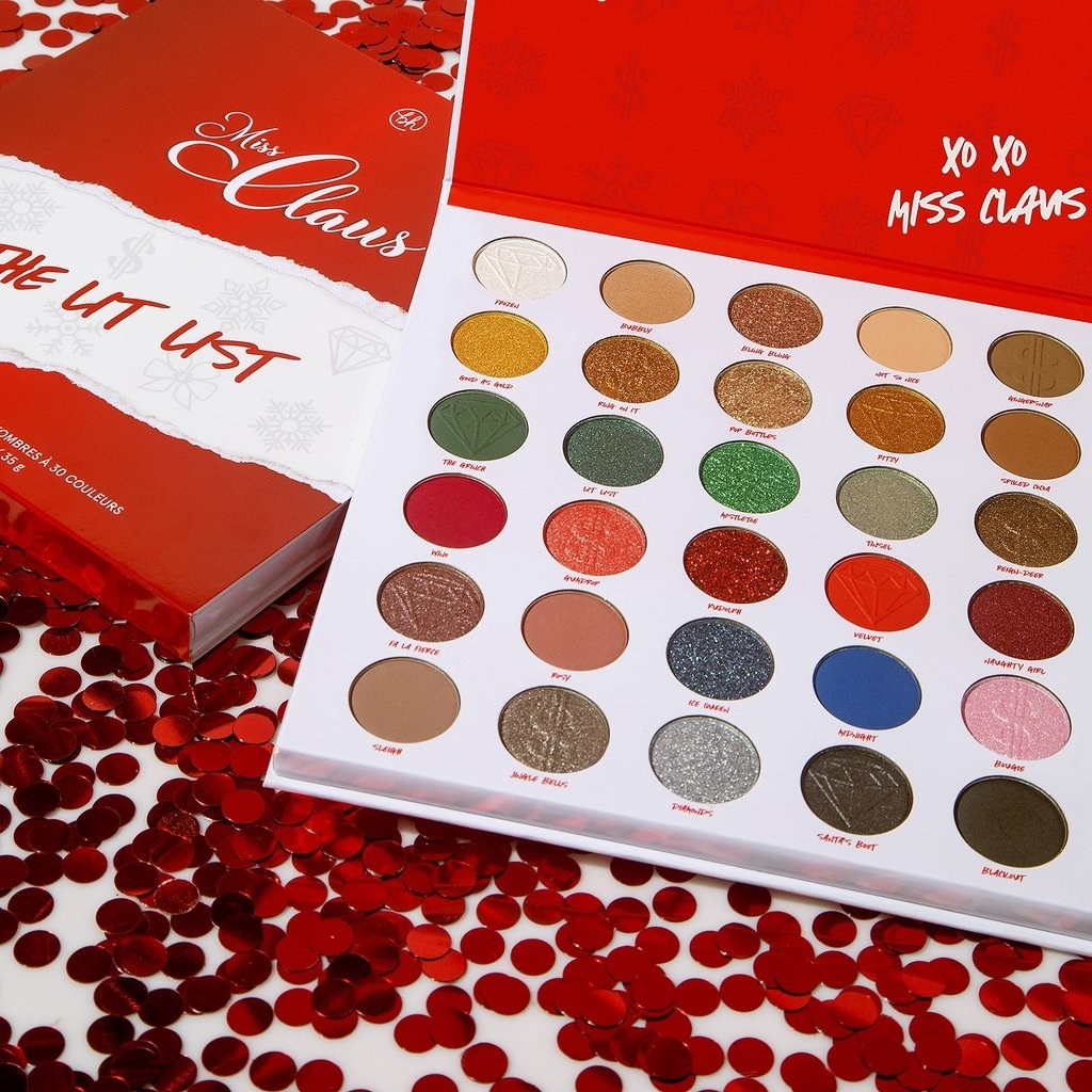 A 30-shade eyeshadow palette with warm and cool neutral shades and bright pops of red, green, and blue, with both glittery and matte options