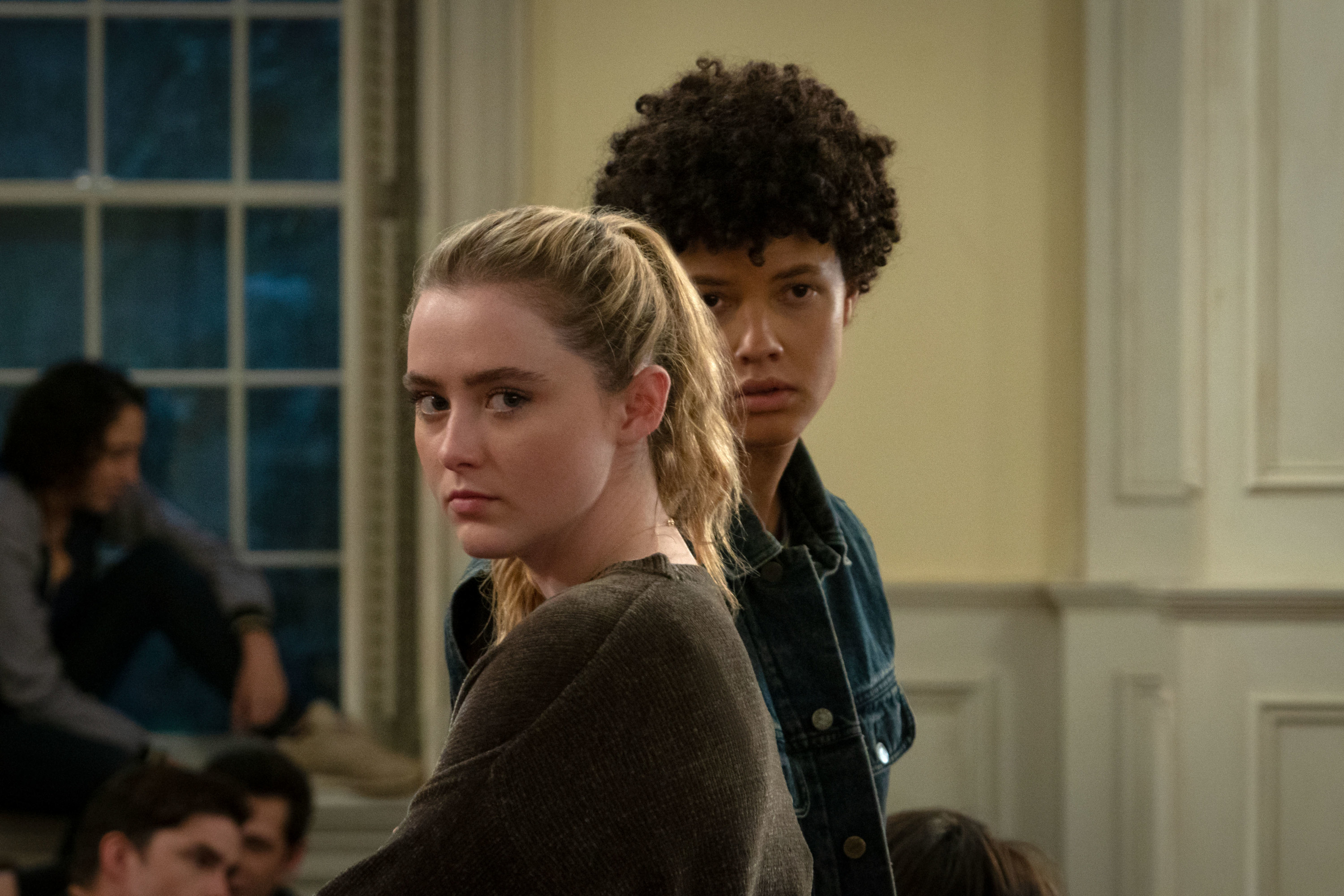 Allie from &quot;The Society&quot; looks serious at the camera