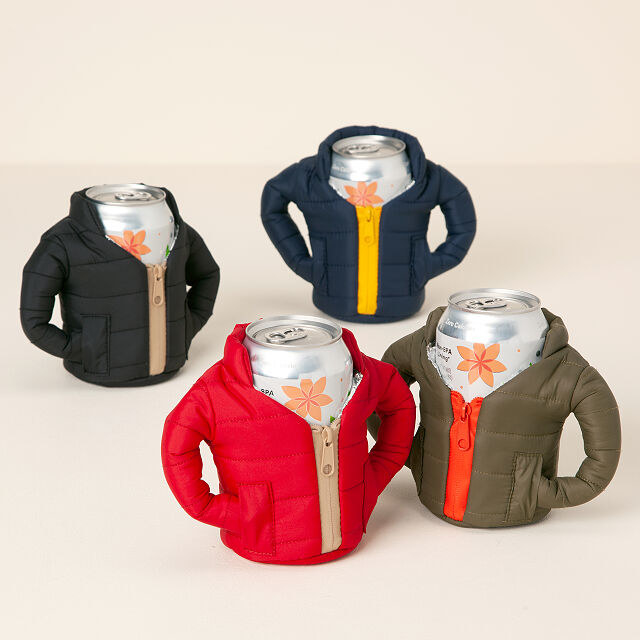can holder that looks like puffer jacket with sleeves tucked into pockets
