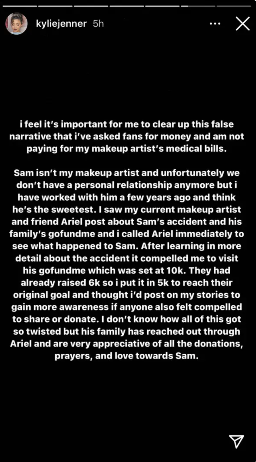 An iOS press release from Kylie Jenner addressing the GoFundMe scandal of her former makeup artist