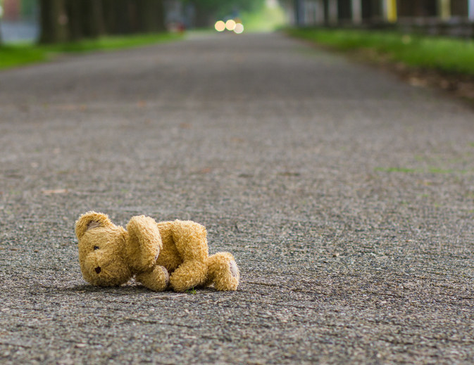 An abandoned teddy bear in the road