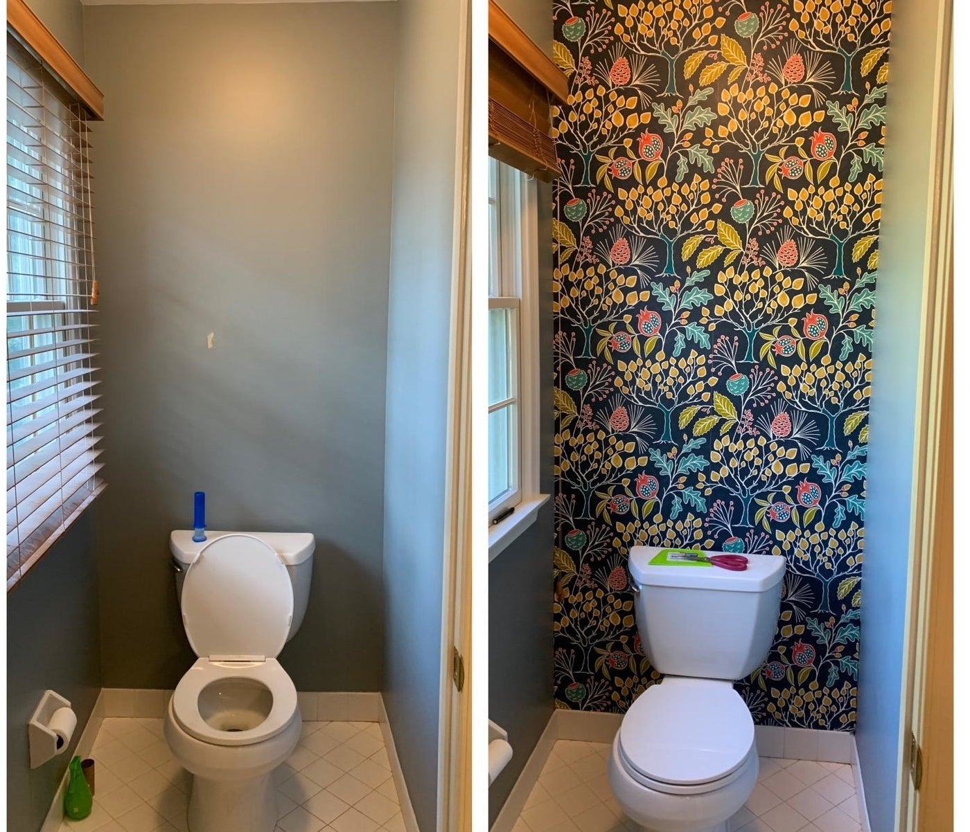 Reviewer image of before and after of bathroom with and without blue, green, and coral colored retro garden wallpaper