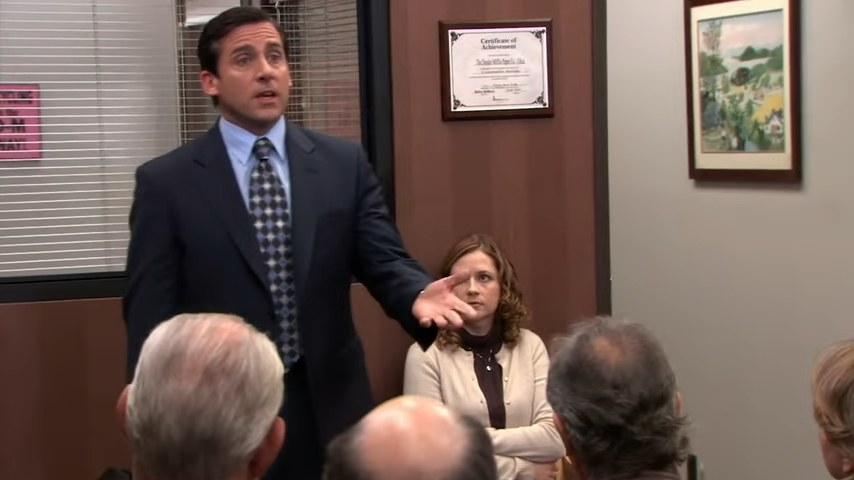 Michael giving a lecture with Pam sitting behind him in &quot;The Office&quot;