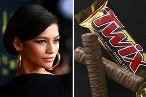 Zendaya is on the left looking at a Twix bar on the right