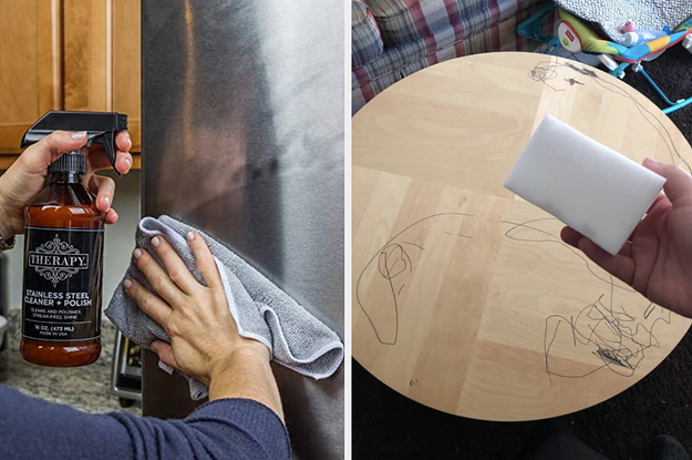 on left, hand sprays stainless steel polish onto finger-smudged fridge. on right, hand holds cleaning sponge above table with sharpie scribbles
