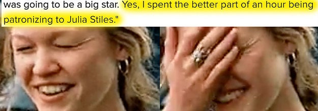 A part of the article saying "Yes, I spent the better part of an hour being patronizing to Julia Stiles" with Julia facepalming