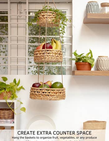 the hanging baskets holding fruit in each tier