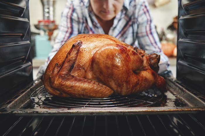 person pulling a cooked turkey from the over