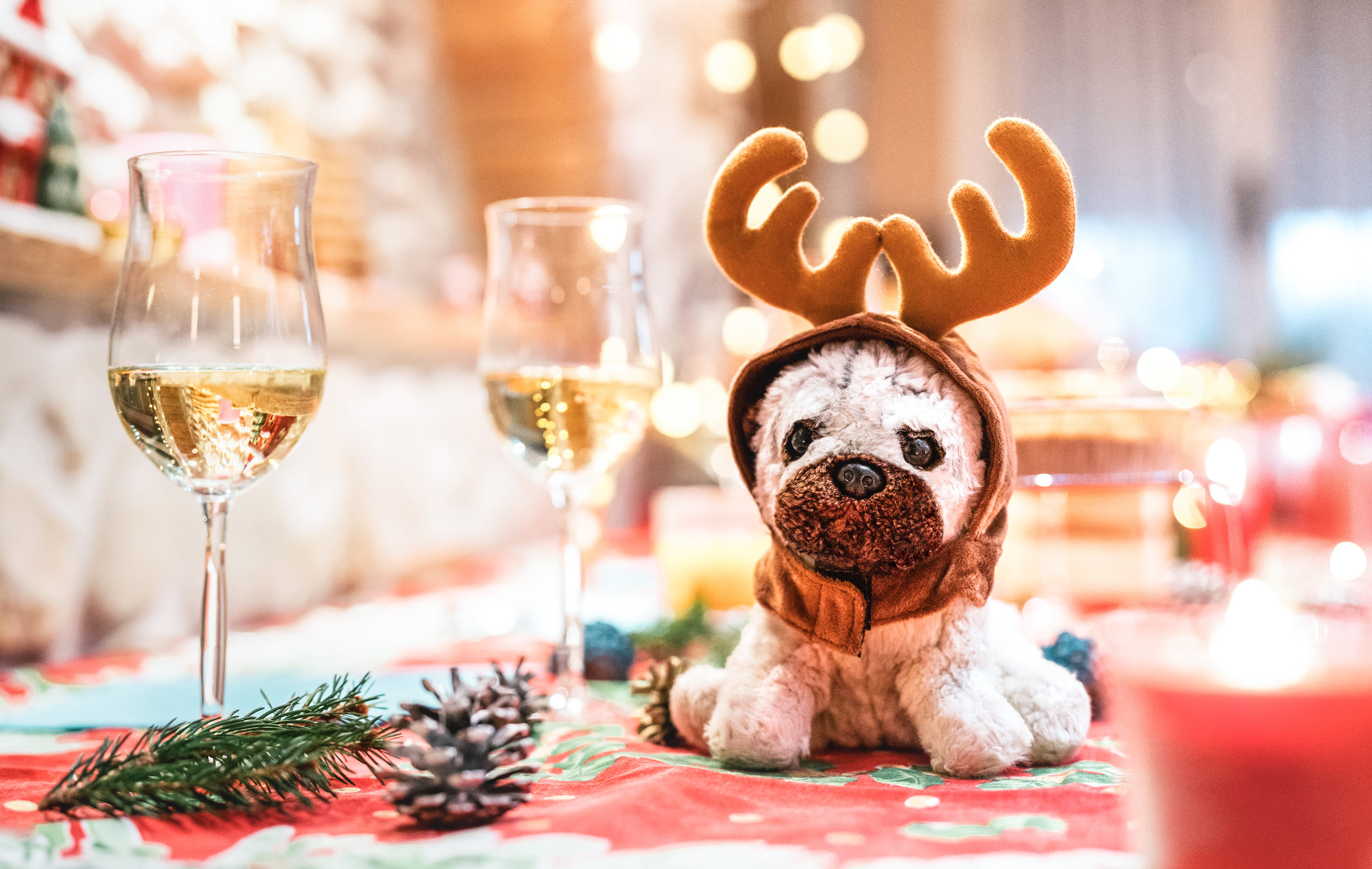 stuffed dog plushie with an antler hood