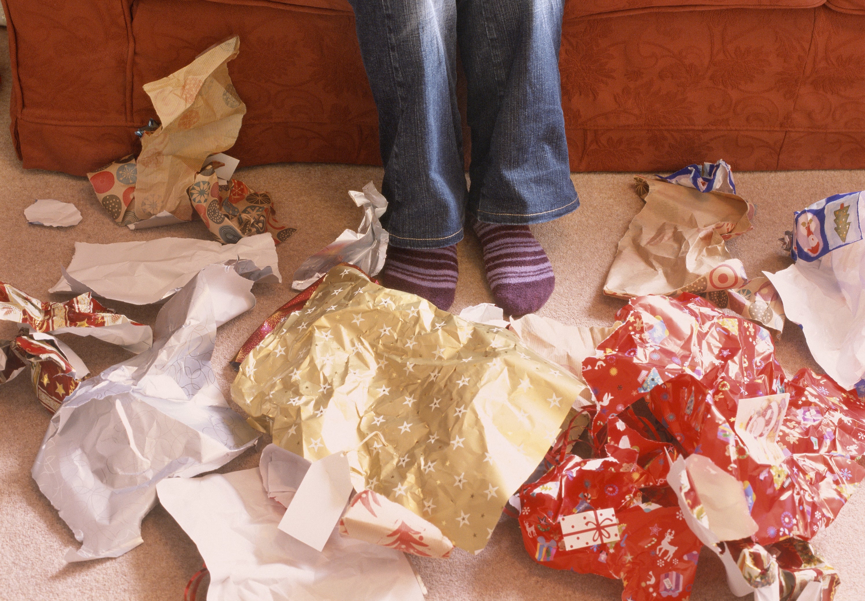 wrapping paper on the floor
