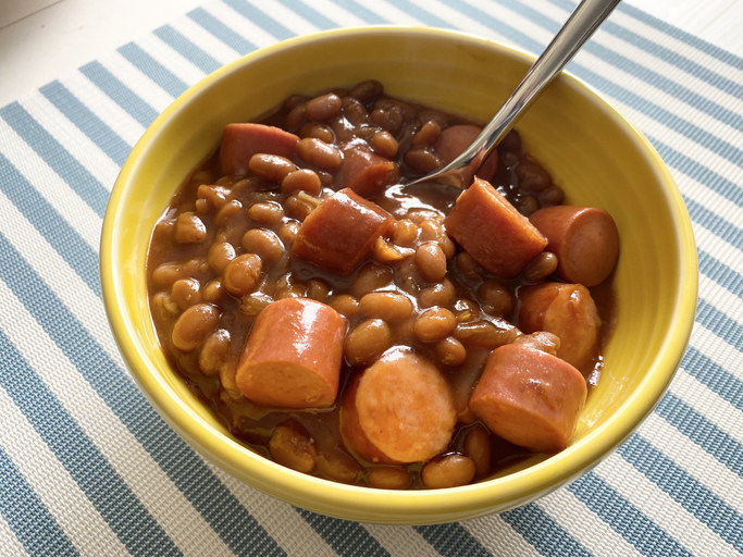 Homemade beans with hot dogs for a budget meal