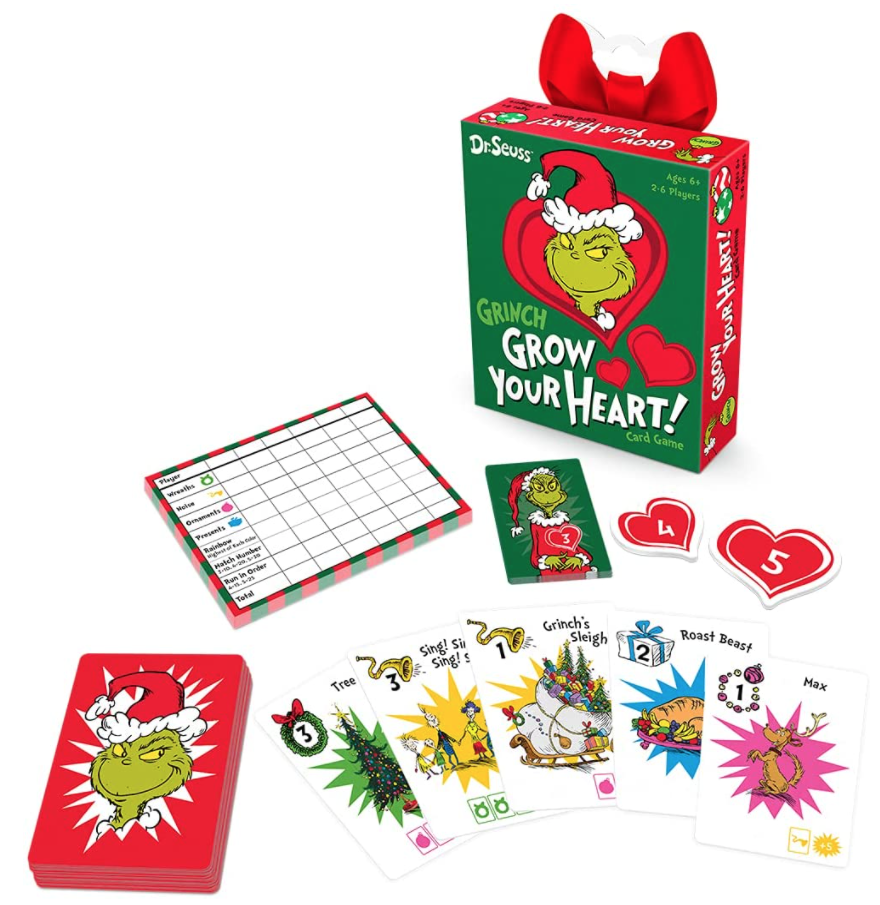 The Grinch card game box with the cards, and hearts, and score card displayed