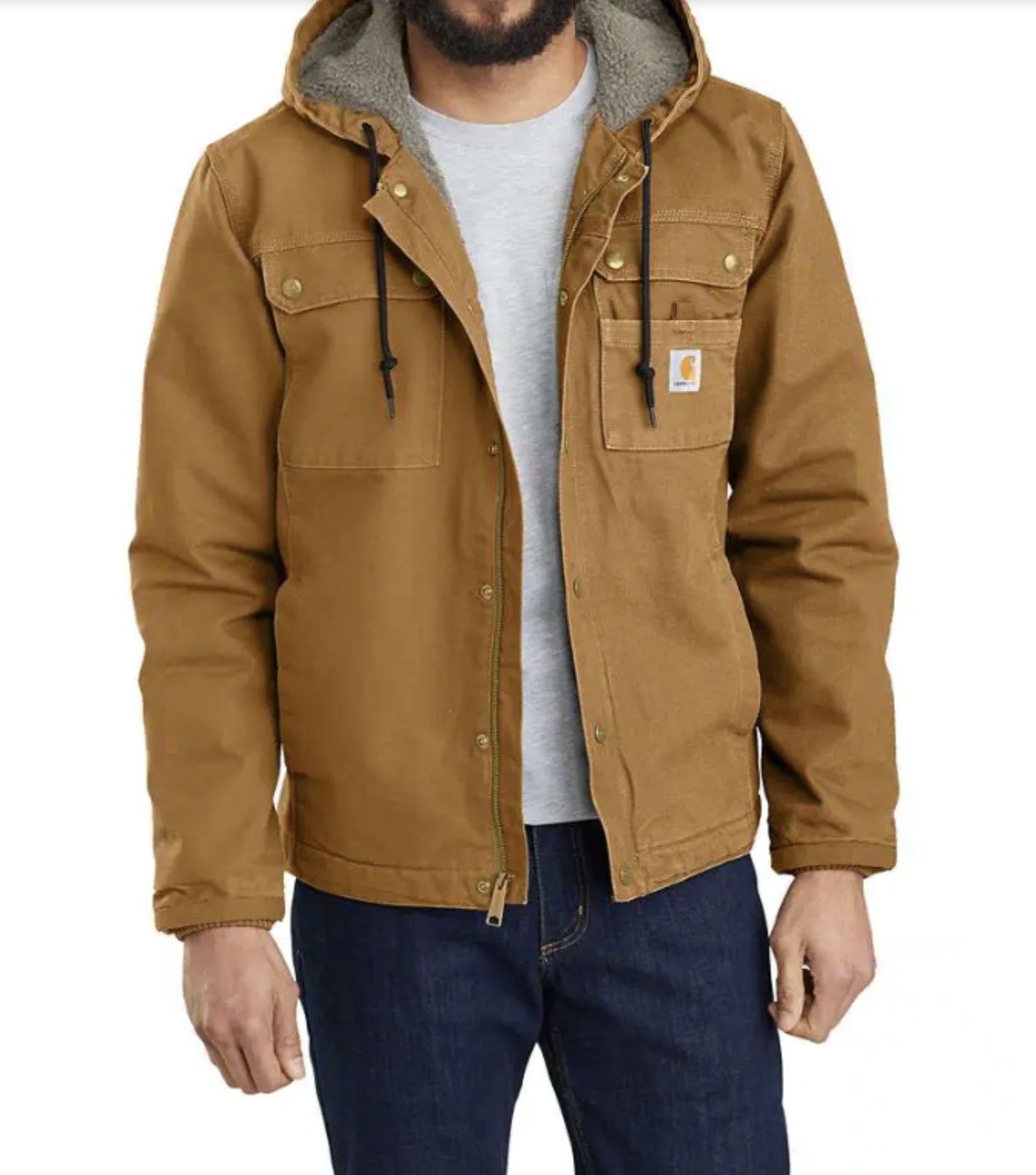 model wearing sherpa-lined jacket in brown