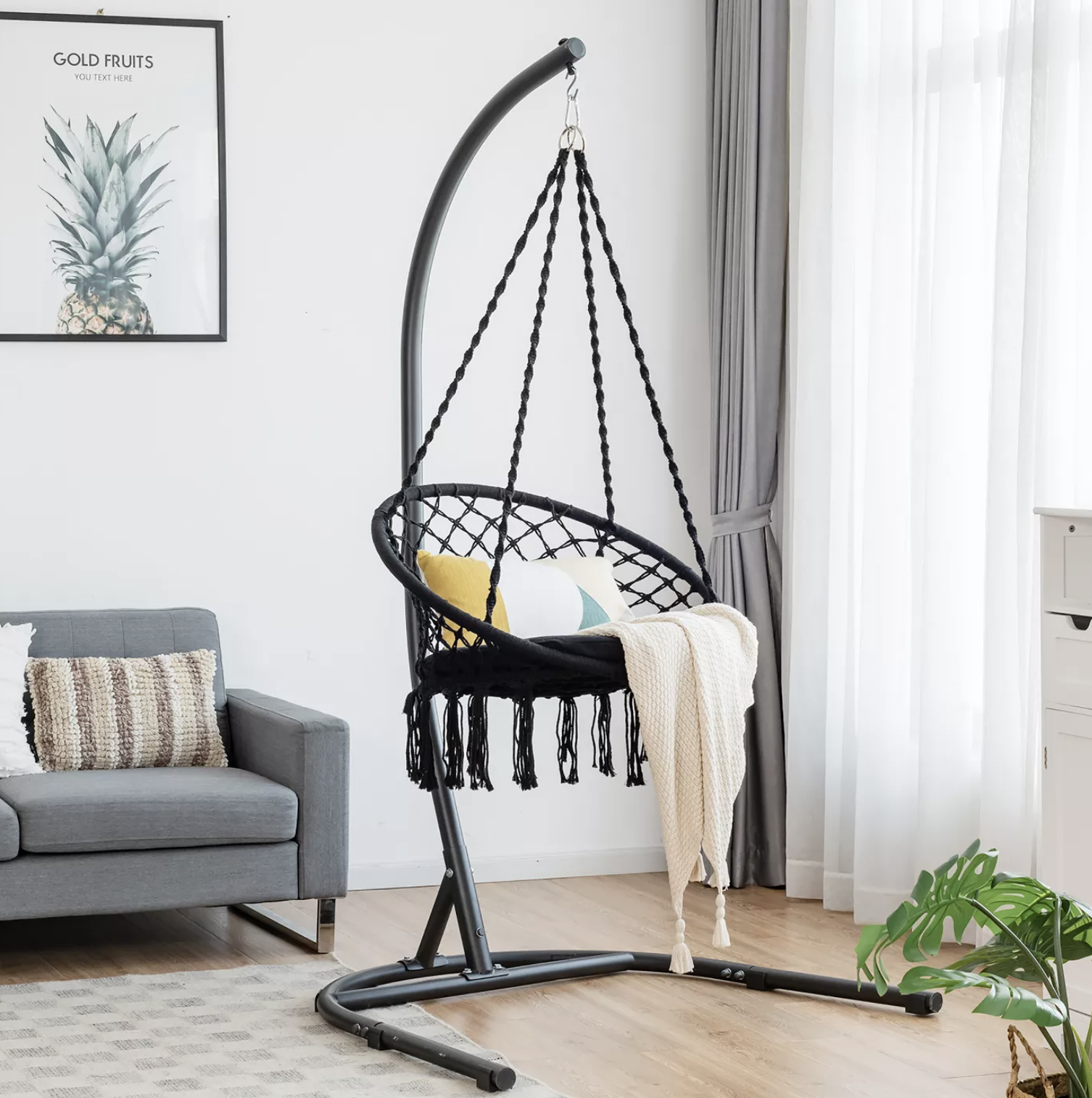 the black hanging hammock in a living room