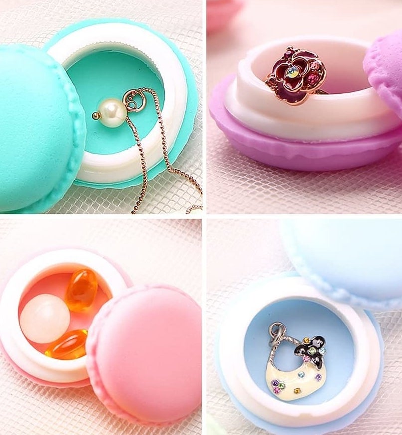 Tiny macaron boxes holding pills and jewelry