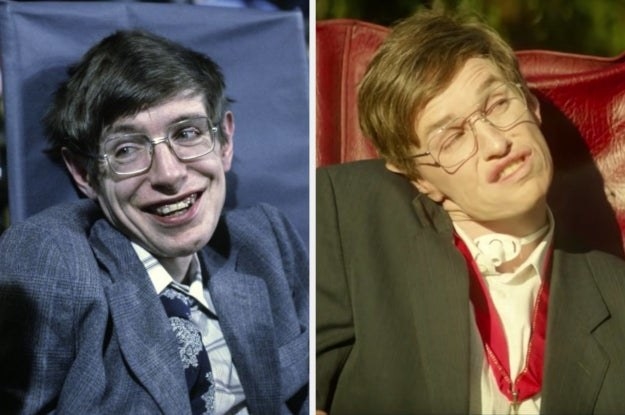 The real Hawking and Hawking as played by Eddie Redmayne