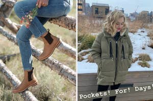on left, model wears brown Chelsea pull-tab boots while sitting on a wood fence. on right, BuzzFeed editor Maitland Quitmeyer wears a green puffer jacket with an insulated hood and pockets