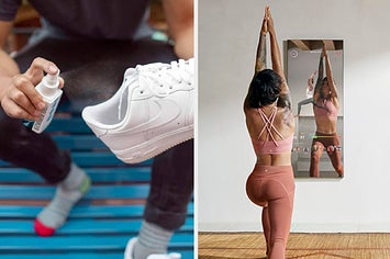on left, model sprays bottle of shoe deodorizer into Nike sneaker. on right, model wearing pink activewear set practices yoga with workout Mirror