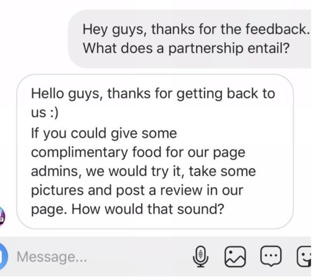 A message thread showing a person asking what the partnership entails and the response that they would be giving free food to the page admins and posting a review for them