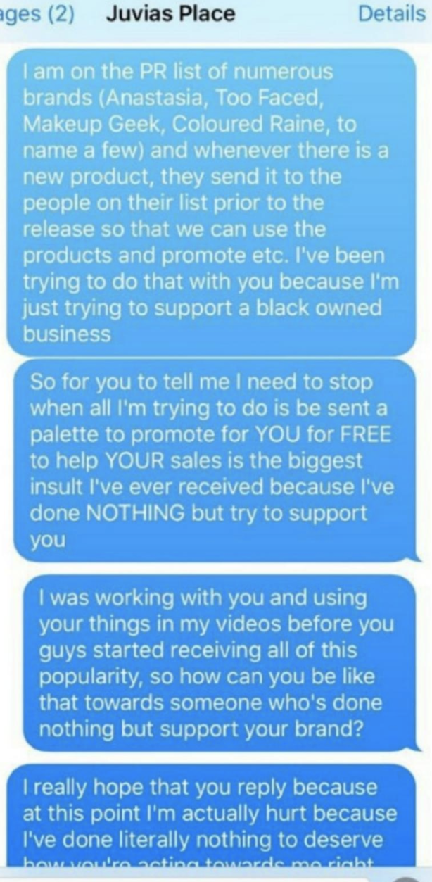 Texts from a reviewer saying they&#x27;re insulted that the business owner won&#x27;t send free products