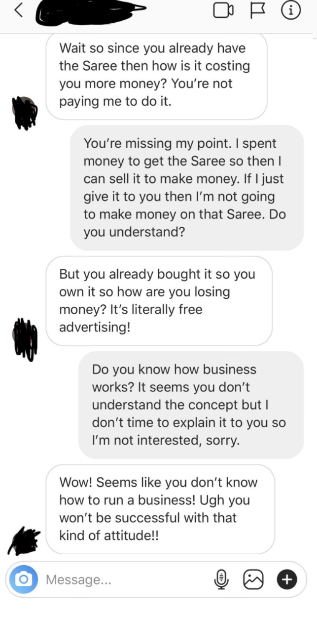 A thread of messages where an influencer is asking for free clothes