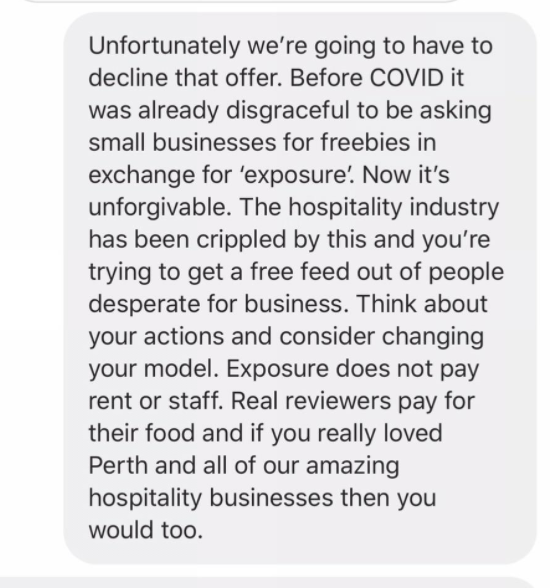 A message responding, &quot;Think about your actions and consider changing your model. Exposure does not pay rent or staff&quot;