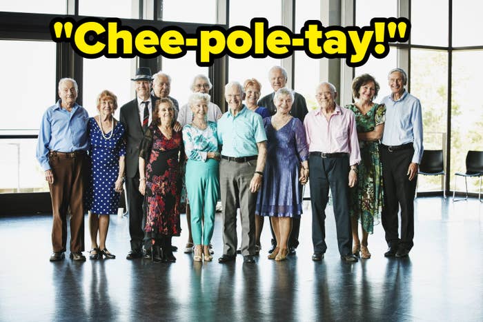 A group of older people with the caption &quot;Chee-pole-tay!&quot;