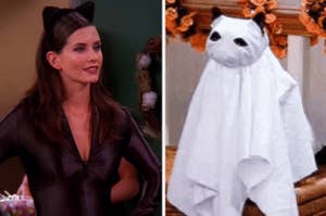 Woman dressed as a cat and a cat dressed as a ghost