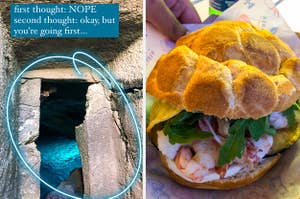 Left: Entrance to grotto; Right: Seafood panini