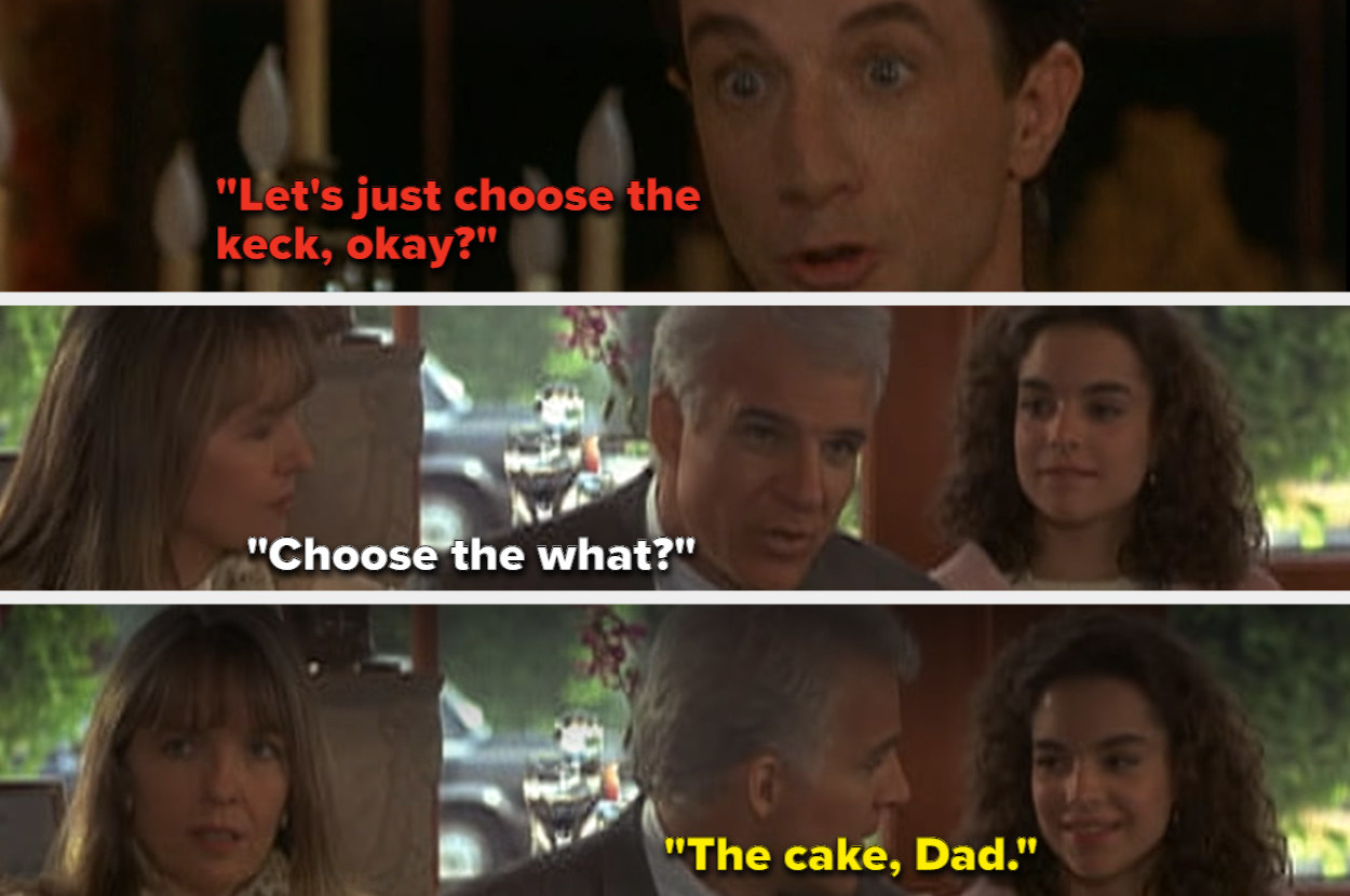 George Banks has trouble understanding Franck Eggelhoffer's unique dialect as he suggests choosing a wedding cake to Annie, George and Nina