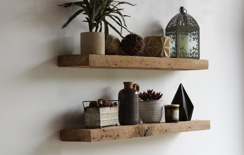 An image of a two-piece floating shelf with reclaimed wood