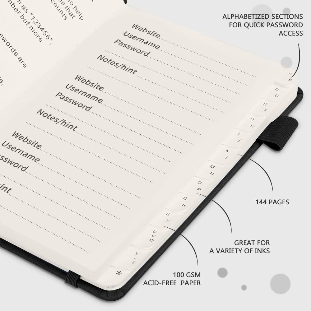 An open password notebook with alphabetical tabs.