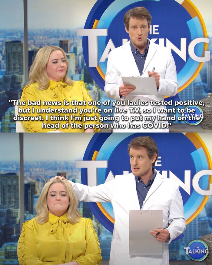 Above: Owen Wilson as a doctor says that someone has COVID and he&#x27;ll put his hand on the head of whoever tested positive Below: Owen Wilson as a doctor places his hand of Aidy Bryant as a talk show host who frowns in &quot;Saturday Night Live&quot;