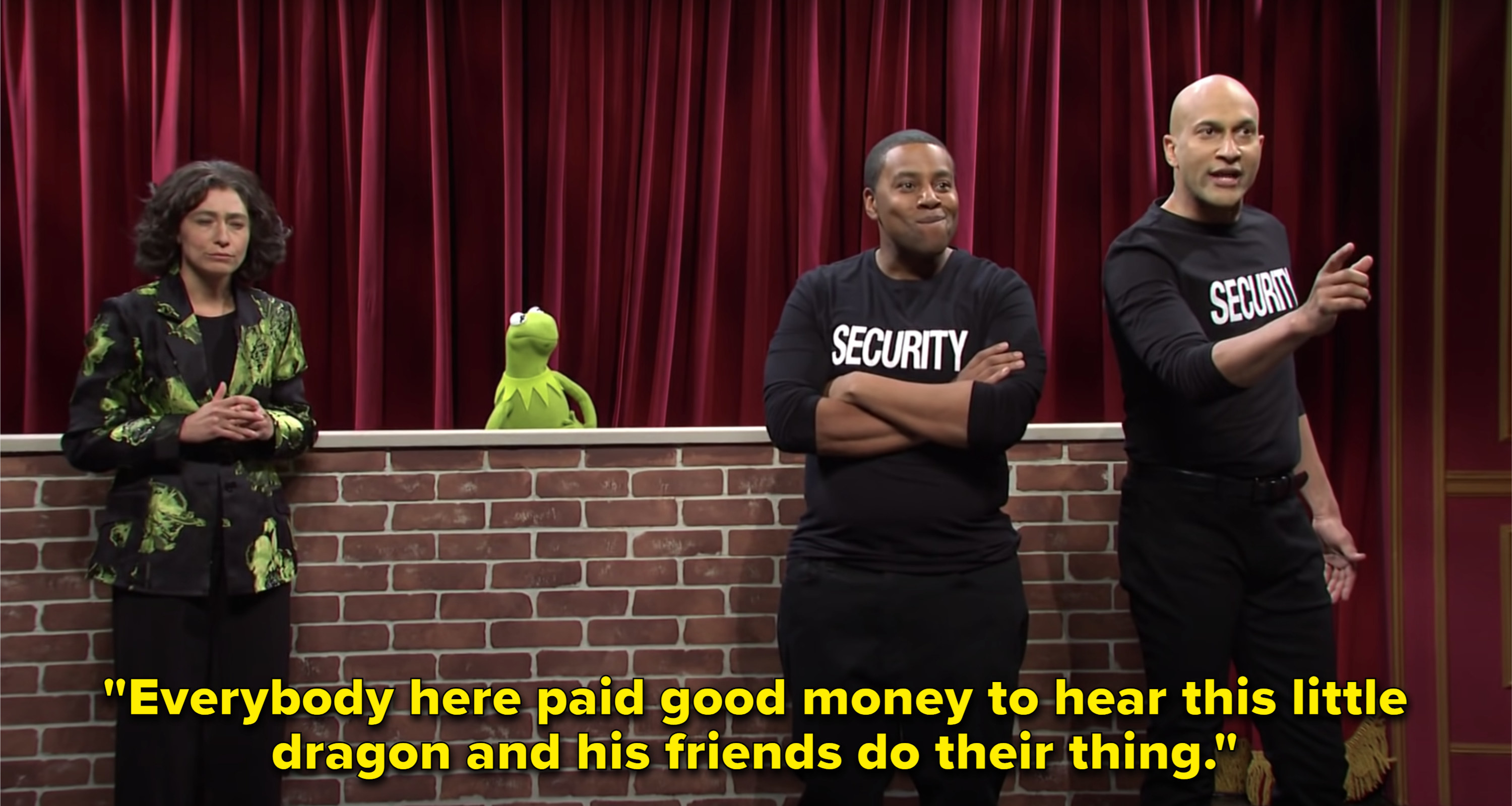 Keenan Thompson and Keegan Michael-Key as security guards stand beside Kermit the Frog in &quot;Saturday Night Live&quot;