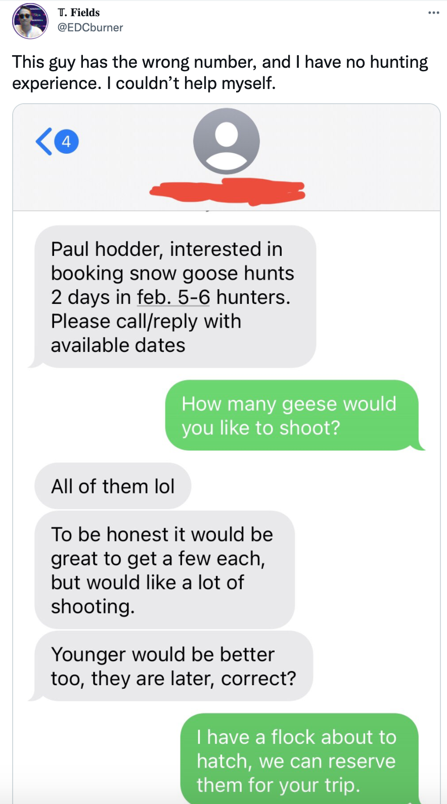 wrong number text of someone looking to hunt