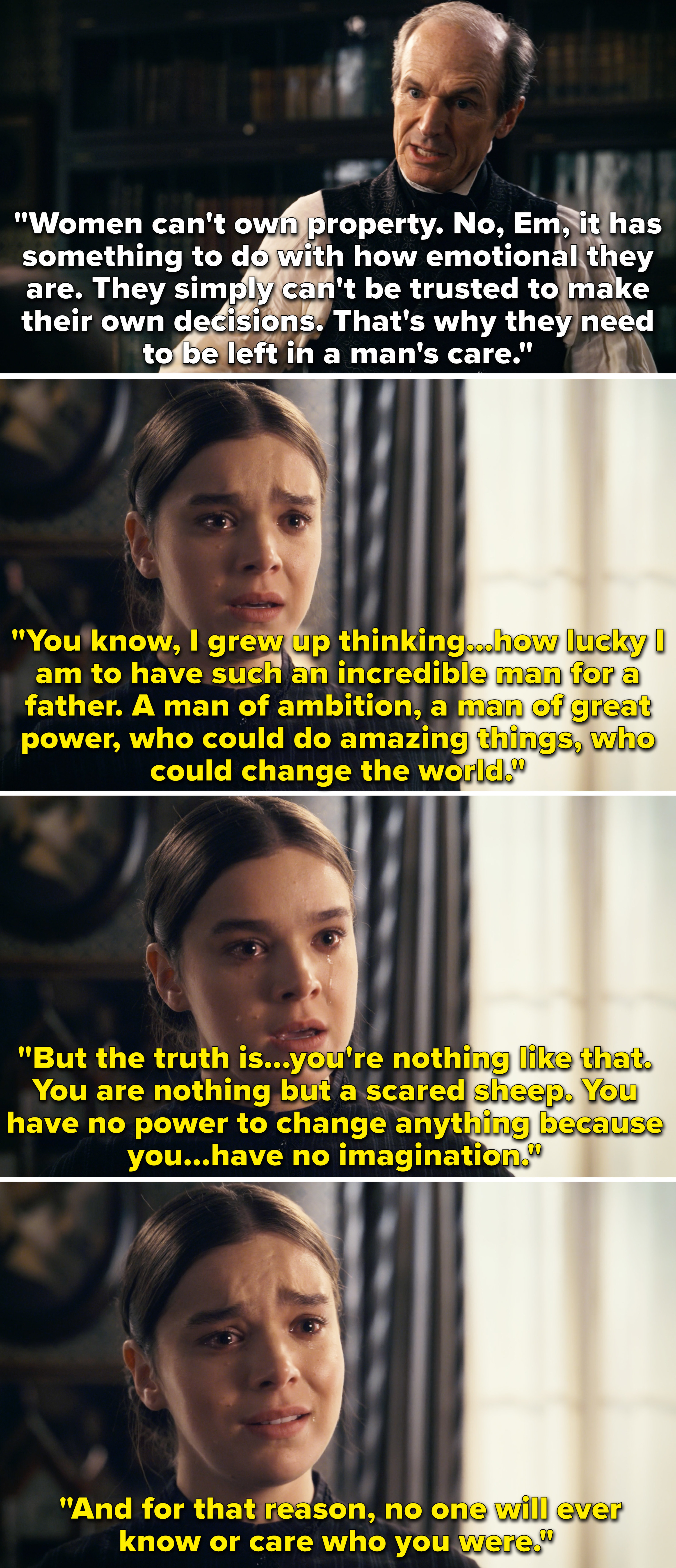 Emily saying she used to look up to her dad, but now she realizes he&#x27;s just scared, has no imagination, and he will not be remembered