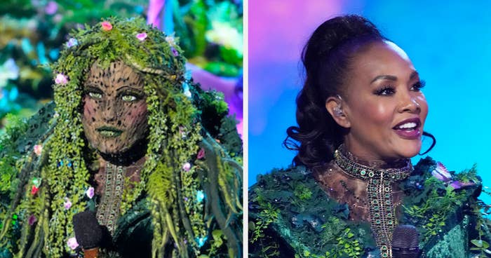 Mother Nature with grass for hair on the left and Vivica revealed on the right