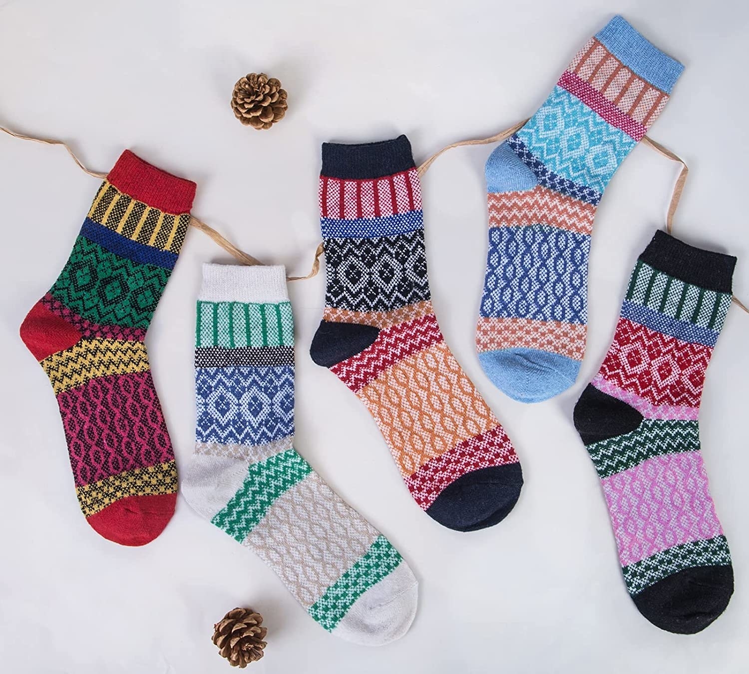 knit socks in five different color combinations