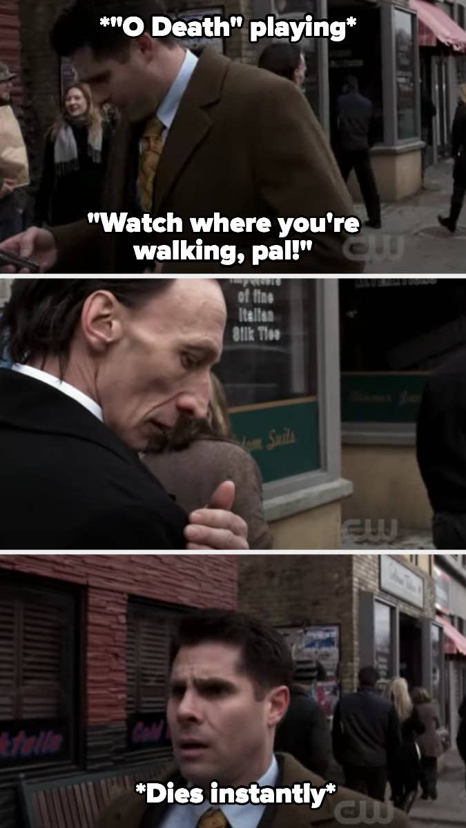 Death bumps into a guy, who tells him to watch where he's walking — death brushes his shoulder and the guy instantly dies